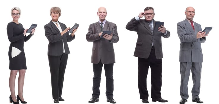 collage group of successful financiers with calculator isolated on white background