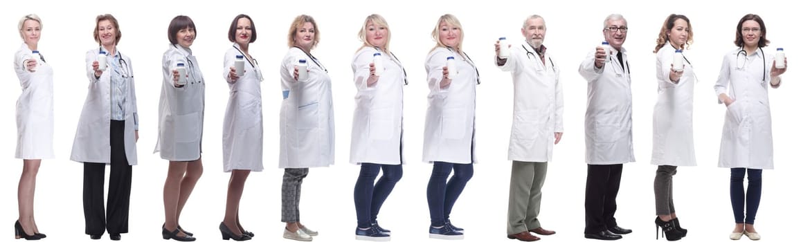 group of doctors holding jar isolated on white background