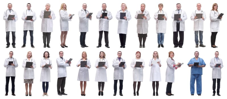group of doctors in full length isolated on white background