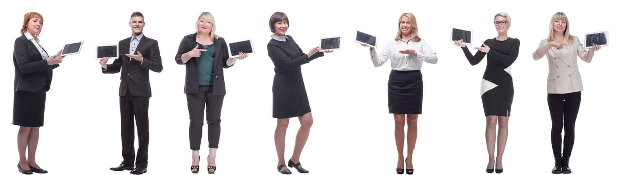 group of people demonstrating tablet isolated on white background