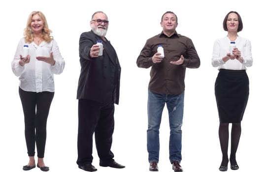 group of people taking a pill isolated on white background