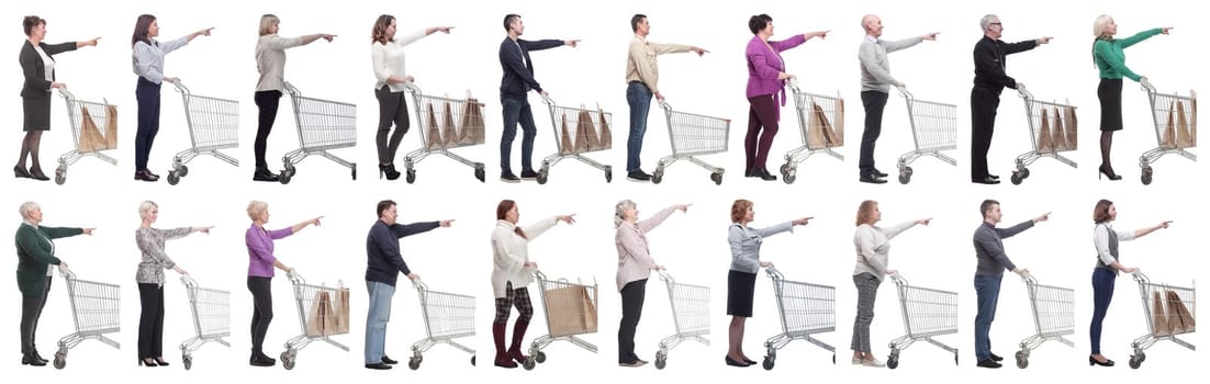 a group of people with a shopping cart point their fingers in front of them on a white background