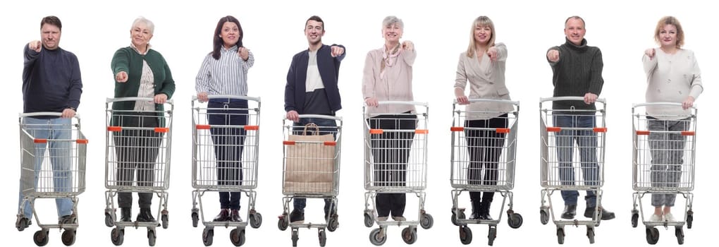 group of people with shopping cart showing thumbs up at camera isolated on white background
