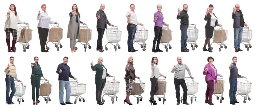 group of people with cart showing thumbs up isolated on white background