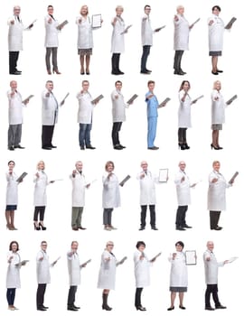 full length group of doctors with notepad isolated on white background