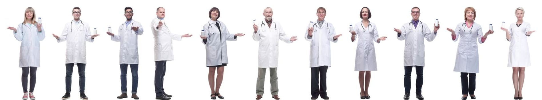 group of doctors holding jar isolated on white background