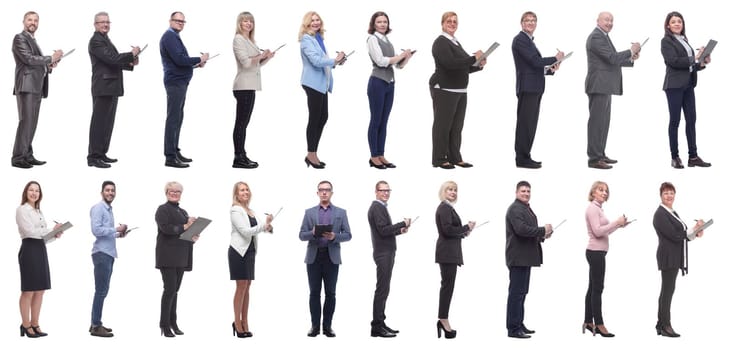 group of successful people with notepad in hands isolated on white background