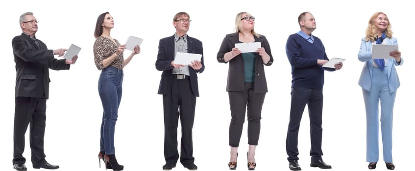 a group of people are holding a tablet and looking to the side isolated on a white background