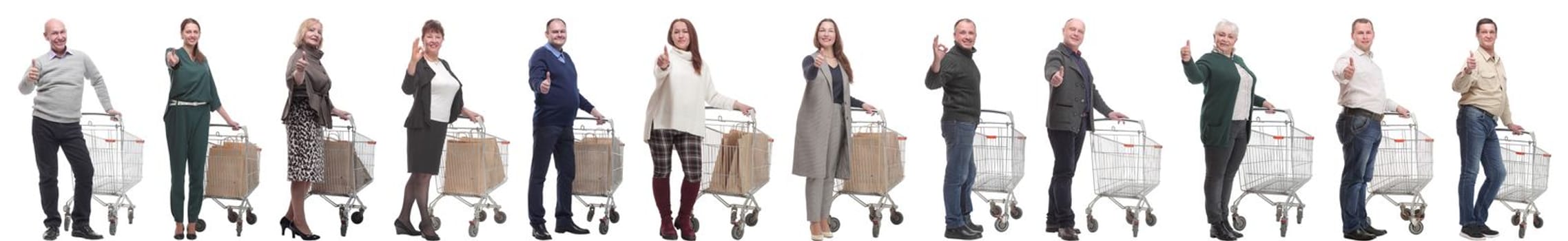 group of people with cart showing thumbs up isolated on white background