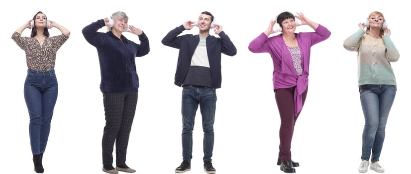 group of people in headphones and phone isolated on white background