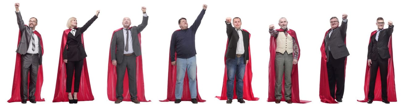 group of people in red raincoat isolated on white background