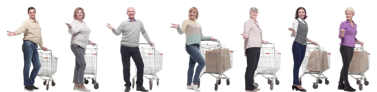 group of people with cart and outstretched hand thumbs up isolated on white background