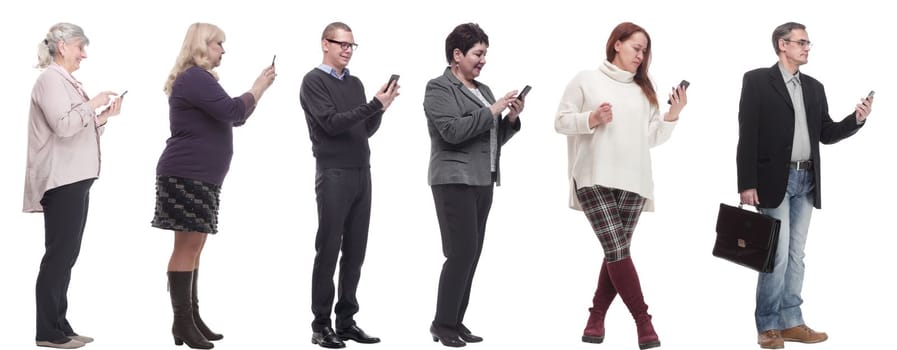 group of people profile holding phone in hand isolated on white background