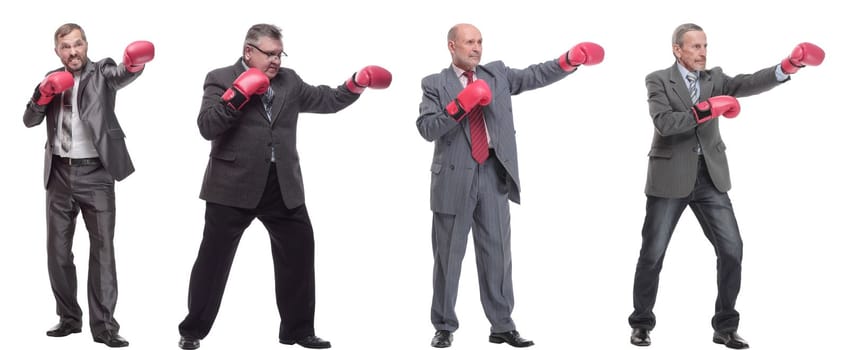 collage of businessmen in boxing gloves isolated on white background