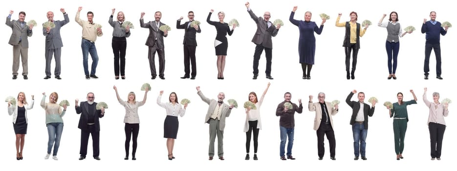 group of successful business people with money isolated on white background