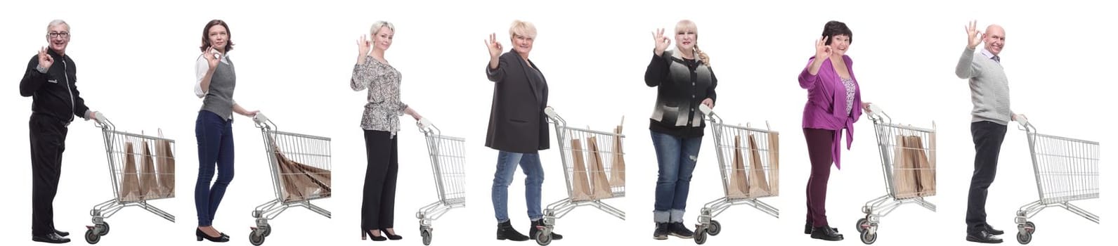group of people in profile with shopping cart isolated on white background