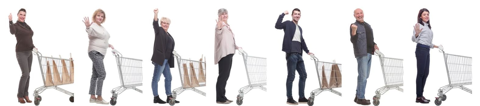 group of people with cart isolated on white background