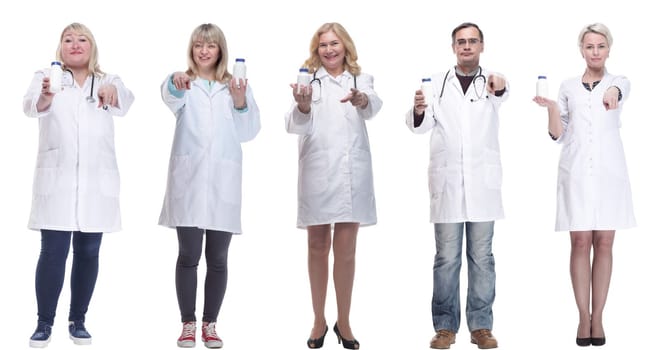 group of doctors holding jar isolated on white background