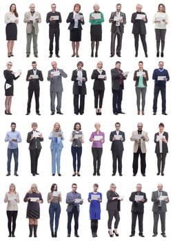 group of people holding tablet and looking into it isolated on white background