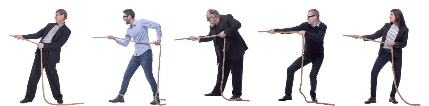 Business people pulling rope isolated on white background