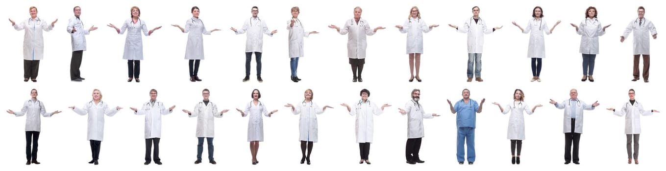 group of doctors in full length isolated on white background