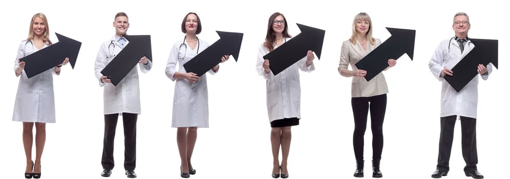 group of successful business people with black arrow isolated on white background