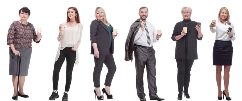 collage people holding coffee in hands isolated on white background