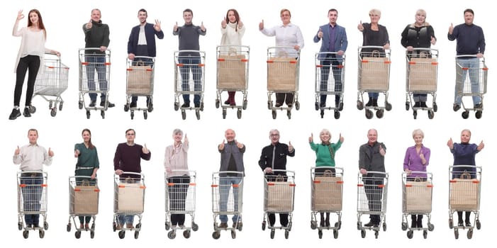 group of people with shopping cart showing thumbs up isolated on white background