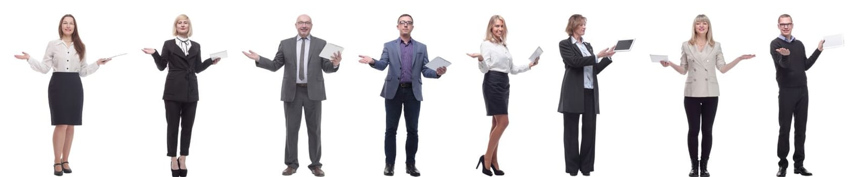 group of people holding tablet with outstretched hand isolated on white background