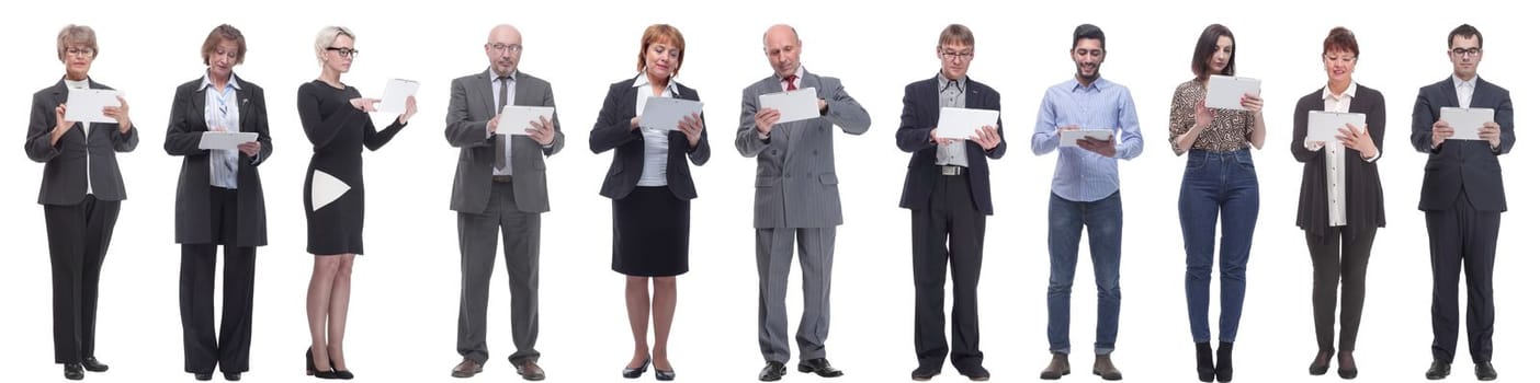 group of people holding tablet and looking into it isolated on white background