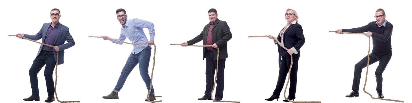 Business people pulling rope isolated on white background