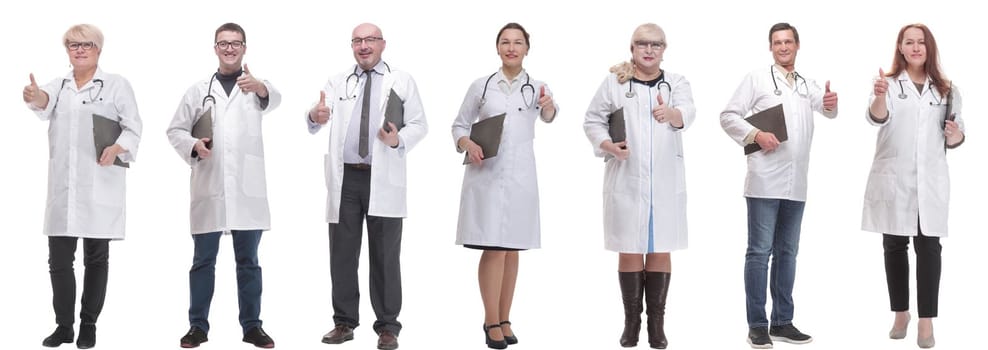 full length group of doctors with notepad isolated on white background