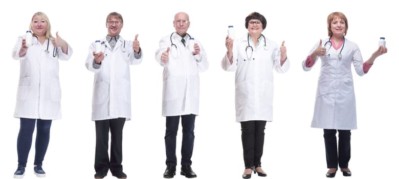 group of doctors holding jar isolated on white background