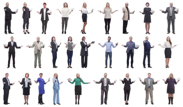 group of people holding tablet with outstretched hand isolated on white background