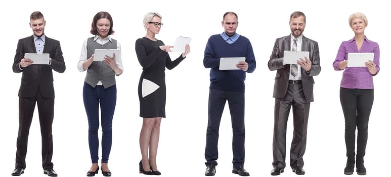 group of people holding tablet and looking into it isolated on white background