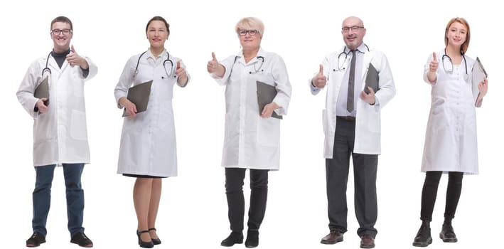 full length group of doctors with notepad isolated on white background
