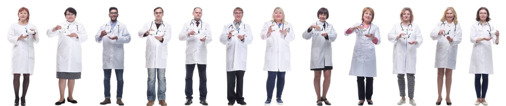 group of doctors holding jar isolated on white background
