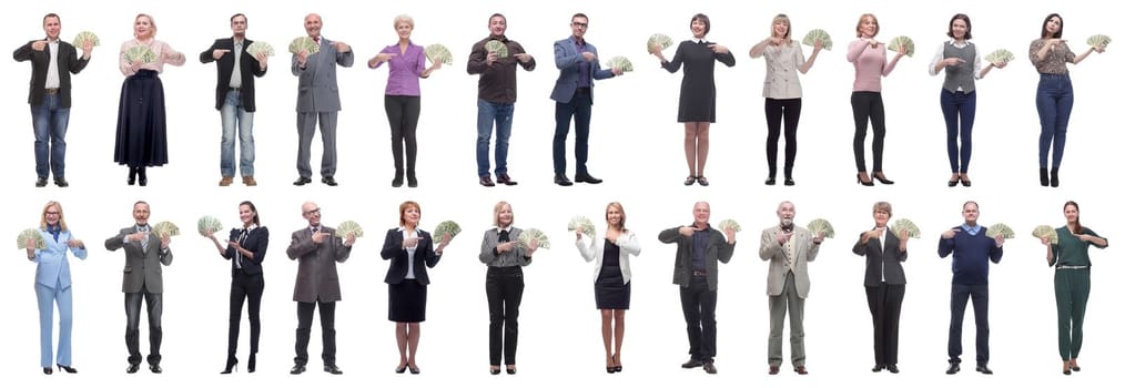 group of successful business people with money isolated on white background