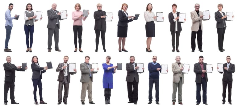 group of successful people with notepad in hands isolated on white background
