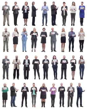 group of people demonstrating tablet looking at camera isolated on white background