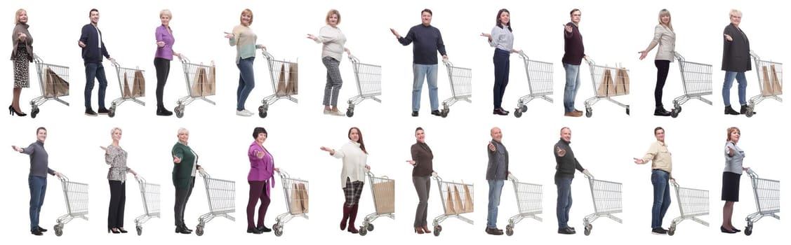 group of people with shopping cart on white background