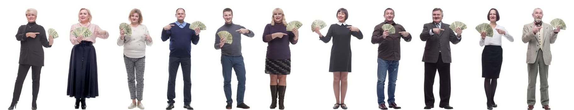 group of successful business people with money isolated on white background