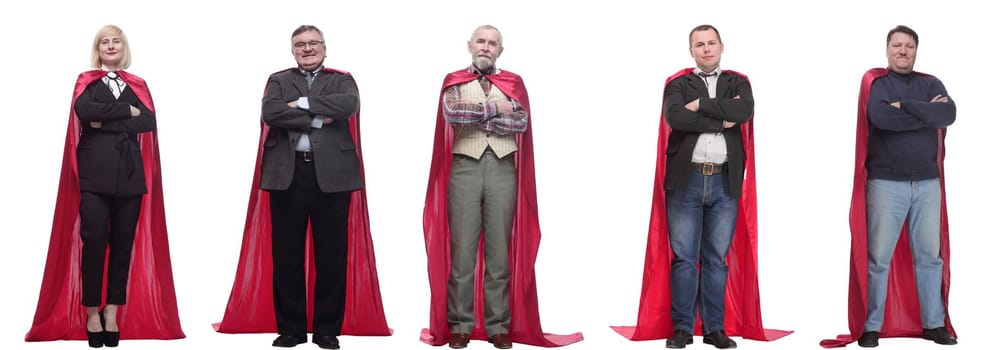 group of people in red raincoat isolated on white background