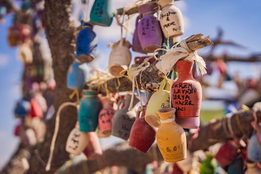 Wish tree. Small multi-colored jugs with inscriptions, wishes hanging on the branches of a tree., against the backdrop of sand ruins and blue sky.