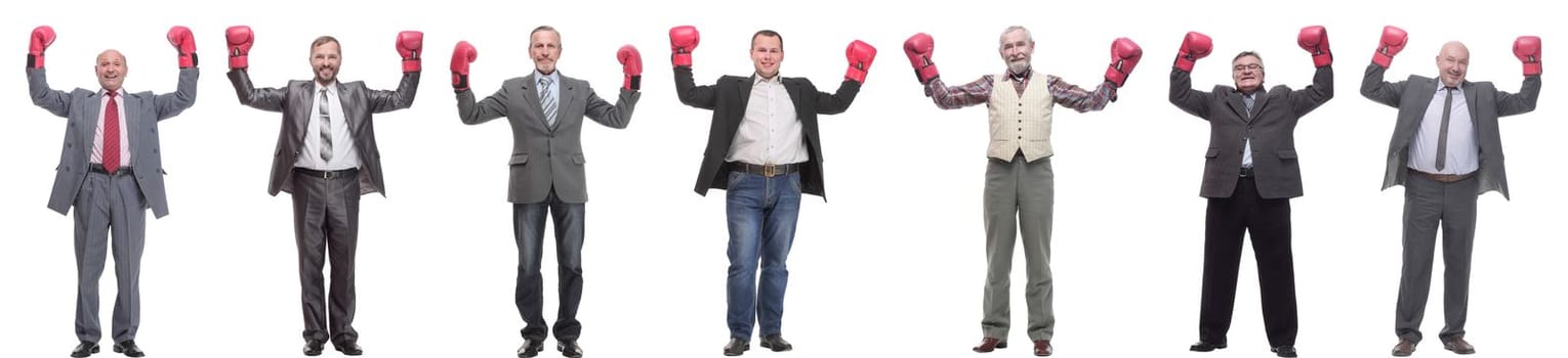 collage of businessmen in boxing gloves isolated on white background