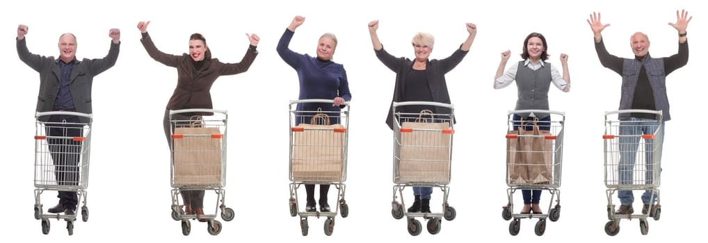 group of people with cart raised their hands up isolated on white background