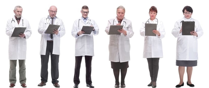 full length group of doctors with notepad isolated on white background