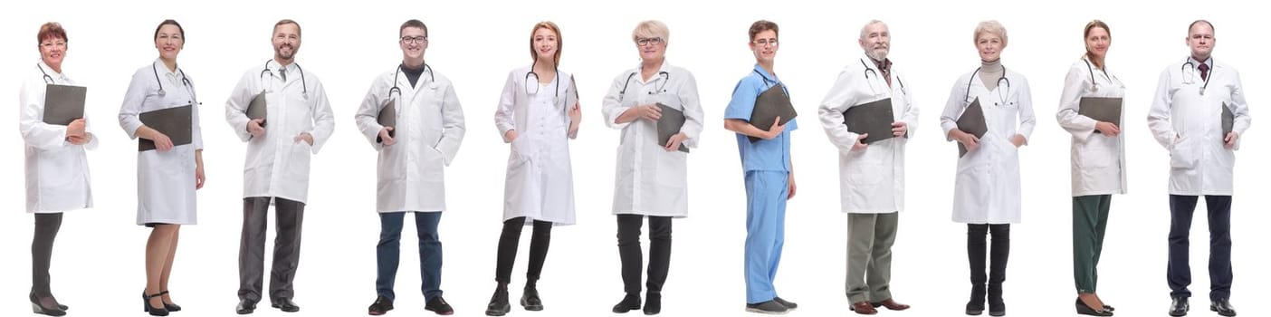 full length group of doctors with notepad isolated on white background