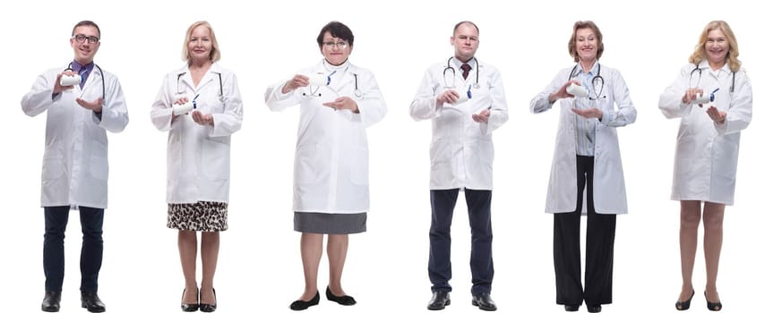 group of doctors holding jar isolated on white background