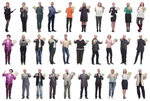 group of successful people with money in their hands on a white background